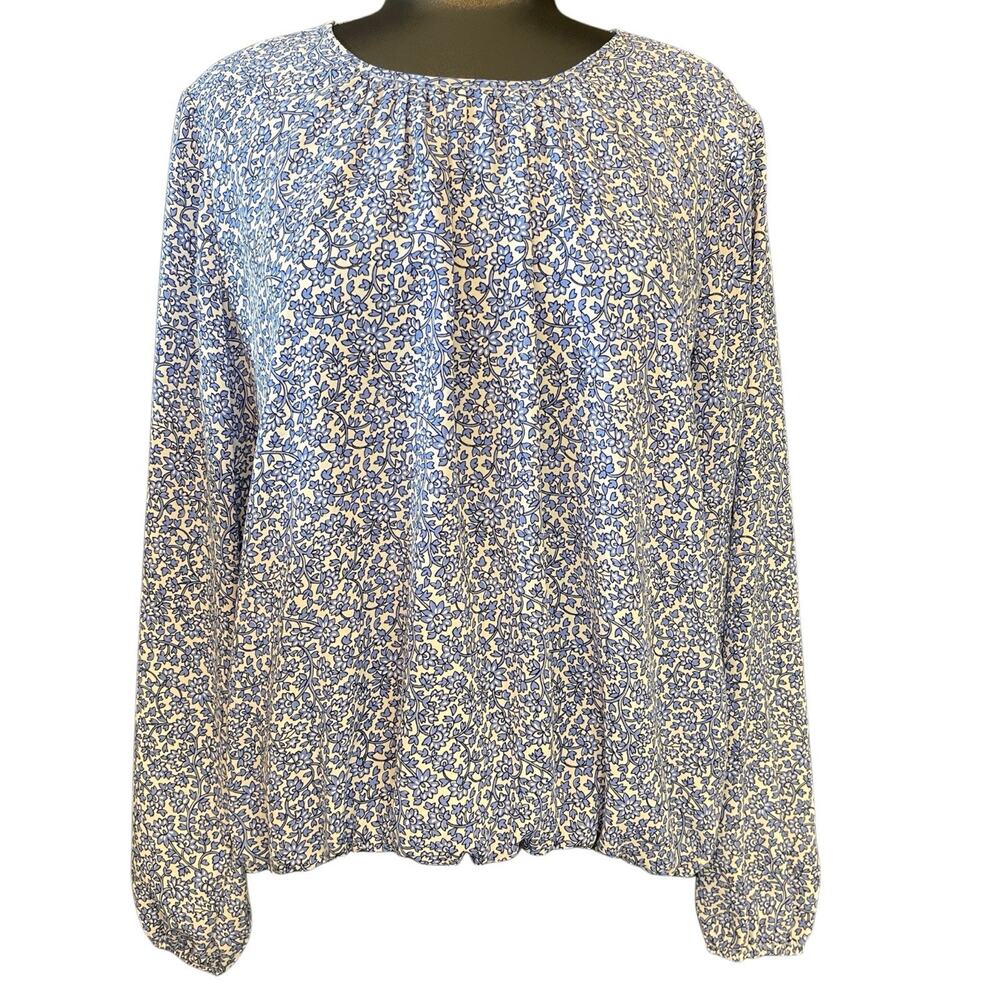 Tommy Hilfiger Blue/White Lined Micro Floral Round Neck Long Sleeve Top Women M